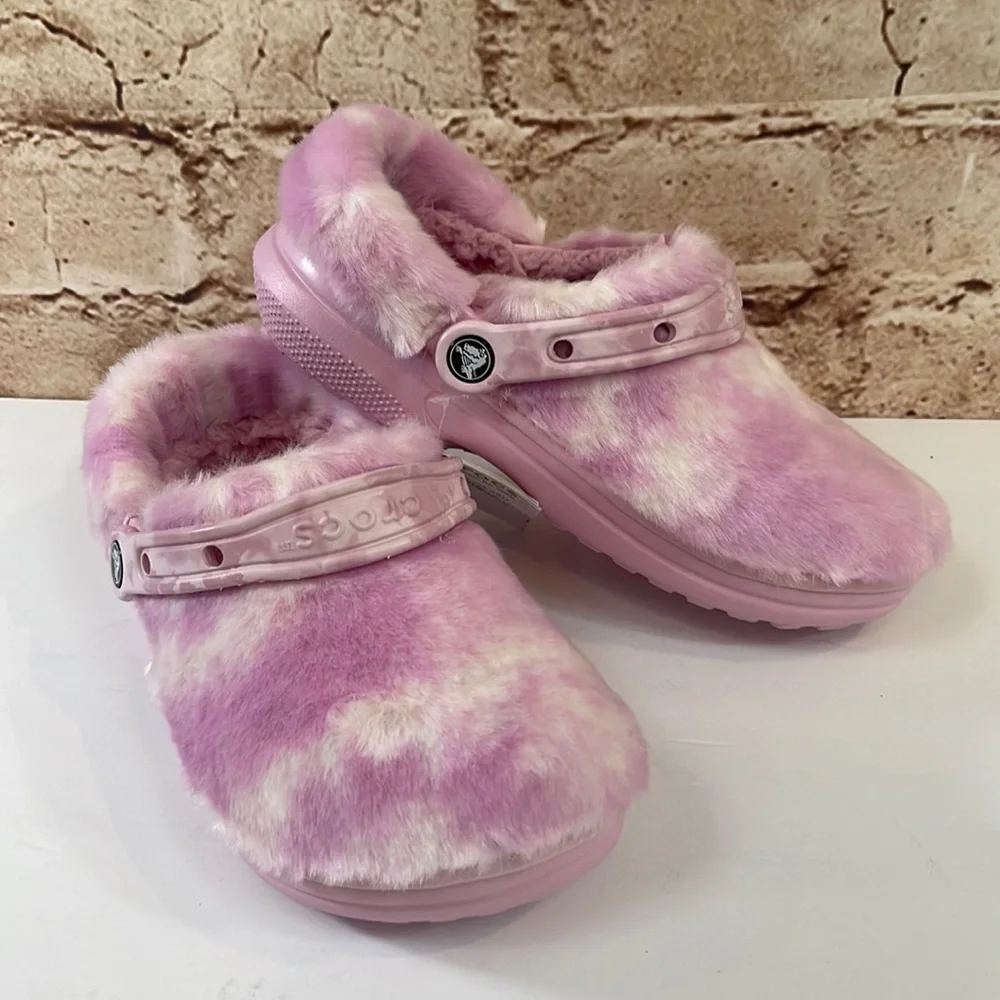 NWT Pink Tie Dye Fur Sure Classic Crocs - Picture 1 of 8